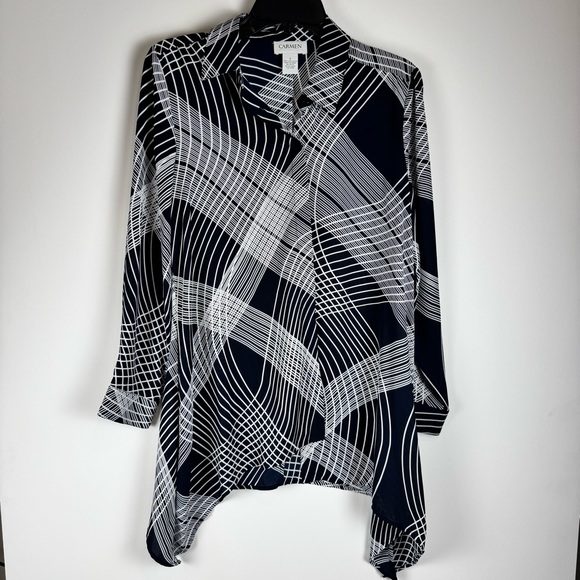 Carmen Marc Valvo Tops - Carmen Marc Valvo Navy and White Button Down Abstract Blouse Uneven Hem ~ Small